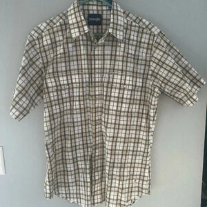 Wrangler Large Men's Western Shirt Off White Tan Black Plaid S/S Pearl Snap